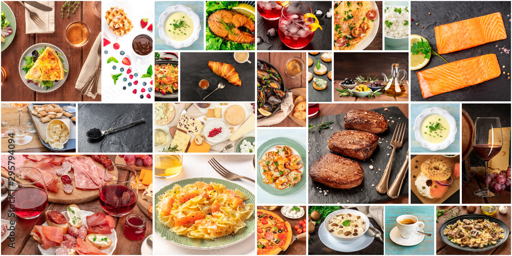 Food Collage. Many photos of tasty dishes, a design template for a banner, flyer, or restaurant menu - obrazy, fototapety, plakaty 