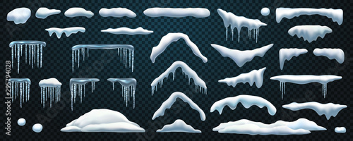 Fotografia Set of isolated snowdrift and icicle, snow cap and snowball, snowflake decoration or ice template, frost shape and snowfall object, snowbank