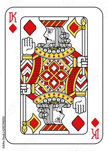 A playing card king of Diamonds in red, yellow and black from a new modern original complete full deck design. Standard poker size