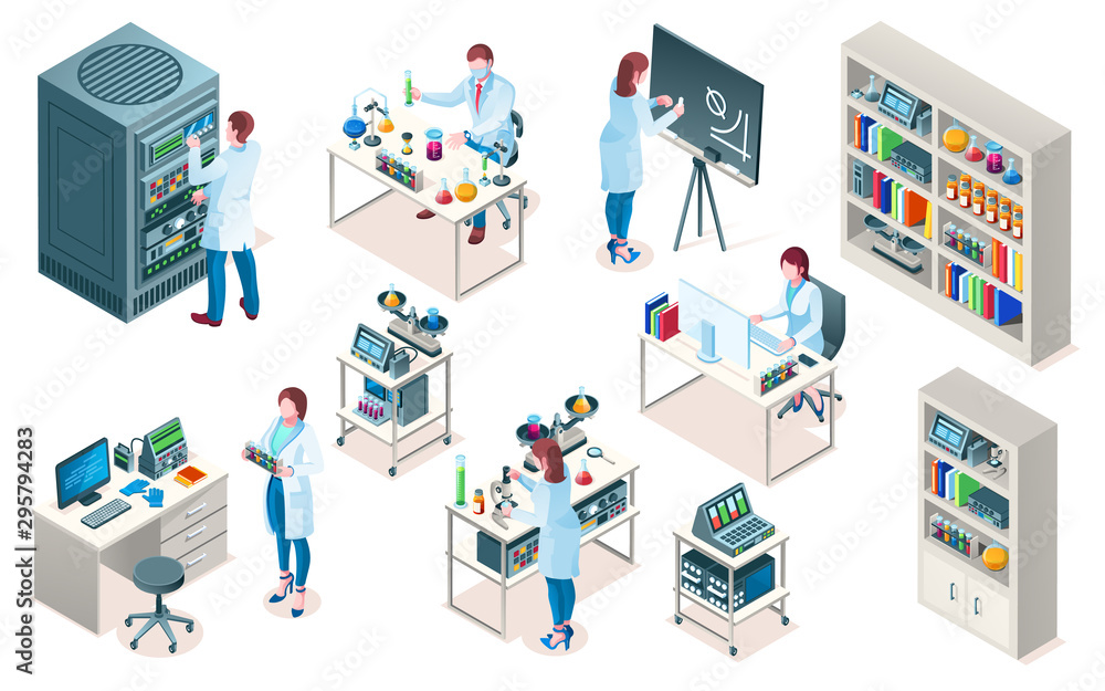 Set of isolated laboratory with scientist, isometric chemical or biological lab, medical or clinic pharmaceutical research, blood test laboratory. Science and doctor,scientific and biotech, experiment