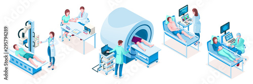 Set of isolated isometric medical technology equipment. Hospital diagnostic tools. MRI tomography ct, obstetric ultrasonography, cardiac medicine, resonance machine, vaccination, blood test.Healthcare