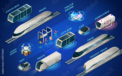 Futuristic transport or set of isolated isometric icons of smart city vehicle. Future electric transportation. Police and cargo drone, hyperloop train and tram, car or auto, bus and taxi, truck, coach