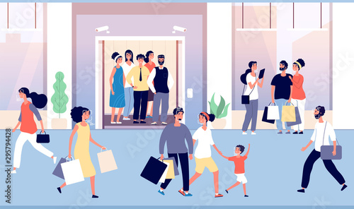 People recognition in crowd. Guys are recognized by modern face identification software, cctv camera in hall elevator. Vector concept. Illustration identification face technology, recognize people