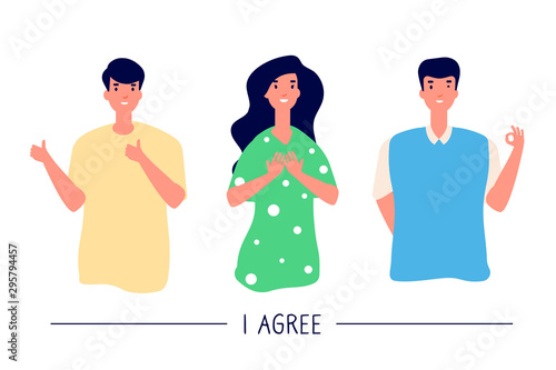 People with positive gestures. Smiling men and woman with positive emotion show okay and like gesture. Consent and approval vector set. Thumb finger successful gesture, agree mute illustration