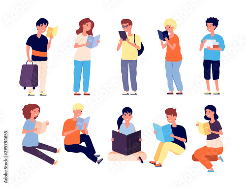 Kids with book. School girls and boys read books. Pupils with textbooks. Little readers isolated vector cartoon characters. Illustration boy and girl read book, reading schoolchild