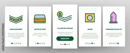 Latex Material Items Onboarding Mobile App Page Screen Vector Icons Set Thin Line. Matress And Washable Cover, Breathable And Memory Foam, Bedding And Pad Linear Pictograms. Contour Illustrations