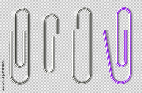 Paper clips. Realistic metal clip for paper sheets. Office paperclips, school stationery. Holders for attaching notes vector template. Illustration paperclip, stationery for paper sheet attach