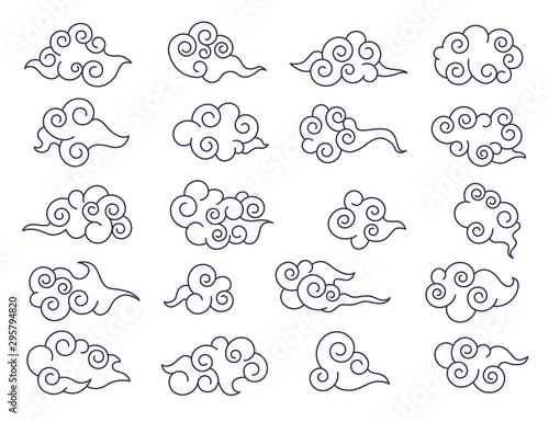 Asian clouds. Chinese or japanese line cloud decorative collection. Traditional korean vector elements. Chinese and japanese cloud line, oriental asian traditional illustration