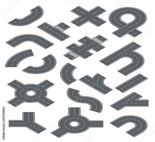 Road isometric elements. Traffic streets, auto roads and highway for city map navigation. Speedway, crossroad and footpath vector set. Illustration road highway, traffic part speedway and segments