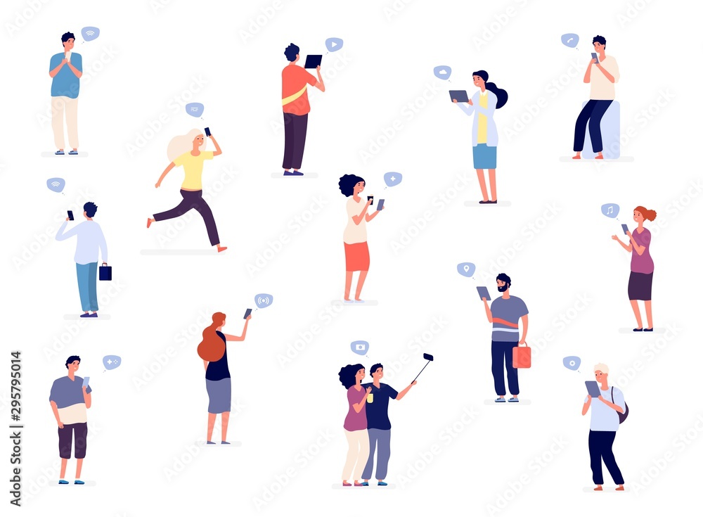 People with phones. Vector flat characters, group of people, teenagers with gadgets. Illustration people with phone in social network