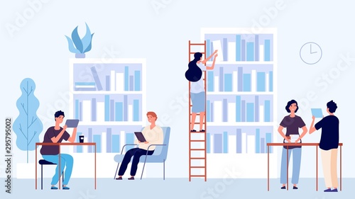 Library concept. Students coworking space. University college library, vector flat people characters. Illustration education library, studens with book study