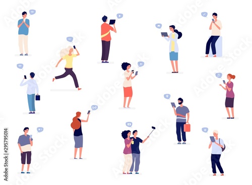 People with phones. Vector flat characters  group of people  teenagers with gadgets. Illustration people with phone in social network