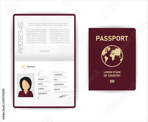 Realistic vector template open passport. International passport with sample personal data page o women. Document for travel and immigration. Vector illustration.