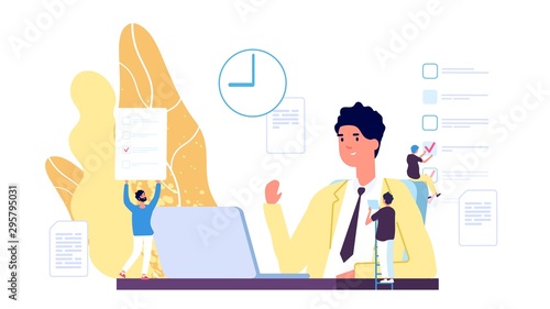 Working process. Business environment vector concept. Flat businessman or manager and tiny people characters. Business work management, illustration of man office work process