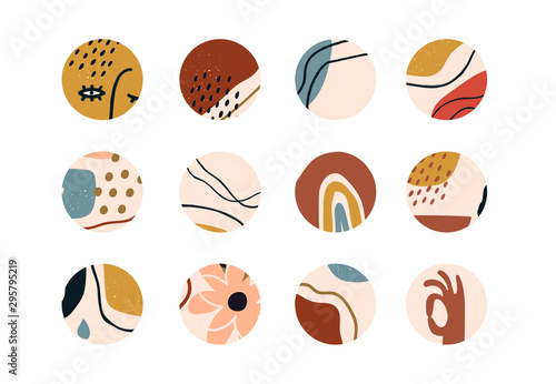 Set of various vector highlight covers. Abstract backgrounds. Various shapes, lines, spots, dots, doodle objects. Hand drawn templates. Round icons for social media stories. Perfect for bloggers