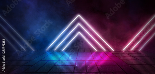 Dark background of the street, thick fog, spotlight, blue and red neon. Abstract background with neon lights, night view.