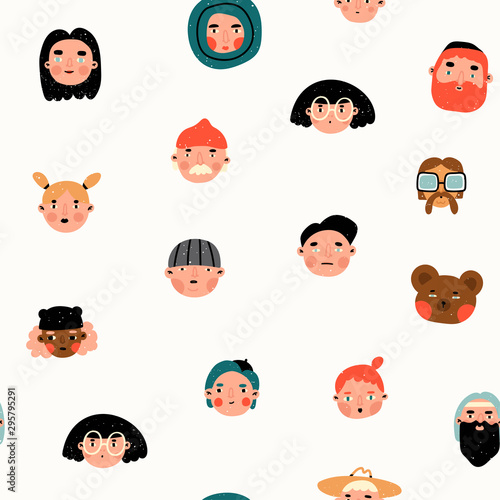 Various people and bear. Faces and heads. Characters, avatars. Different icons and logos. Cute hand drawn trendy vector illustrations. Cartoon style. Flat design. Naive art. Colored seamless pattern