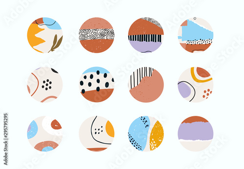 Set of various vector highlight covers. Abstract backgrounds. Various shapes, lines, spots, dots, doodle objects. Hand drawn templates. Round icons for social media stories. Perfect for bloggers