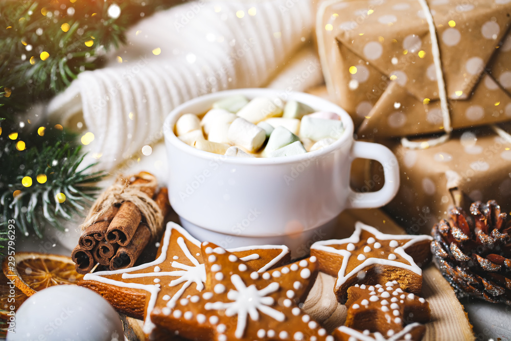 A Cup of hot cocoa and Christmas cookies. Merry Christmas and happy New year. Selective focus. A Cup of hot cocoa and Christmas cookies. Merry Christmas and happy New year. Selective focus.