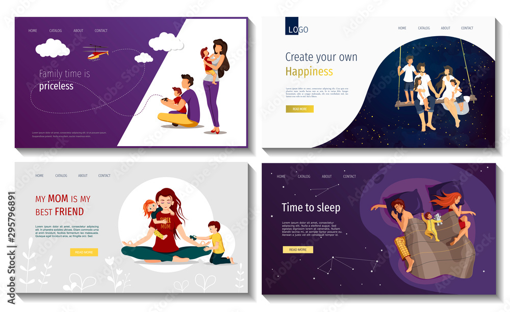 Set of web page design templates for family, happiness, parenthood, childhood, family planning, values, holidays, serenity. Perfect for in posters, banners, website developments.