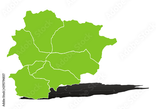 Mapa verde de Andorra sobre fondo blanco.