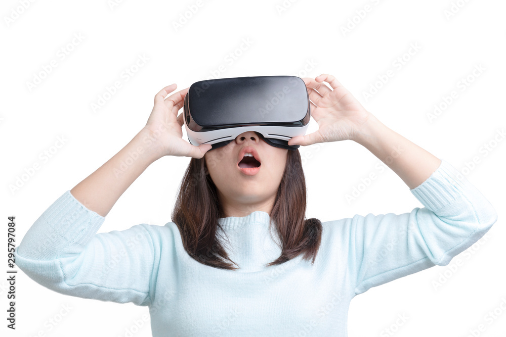 Young woman looking with virtual reality experience isolated on white background with clipping path.