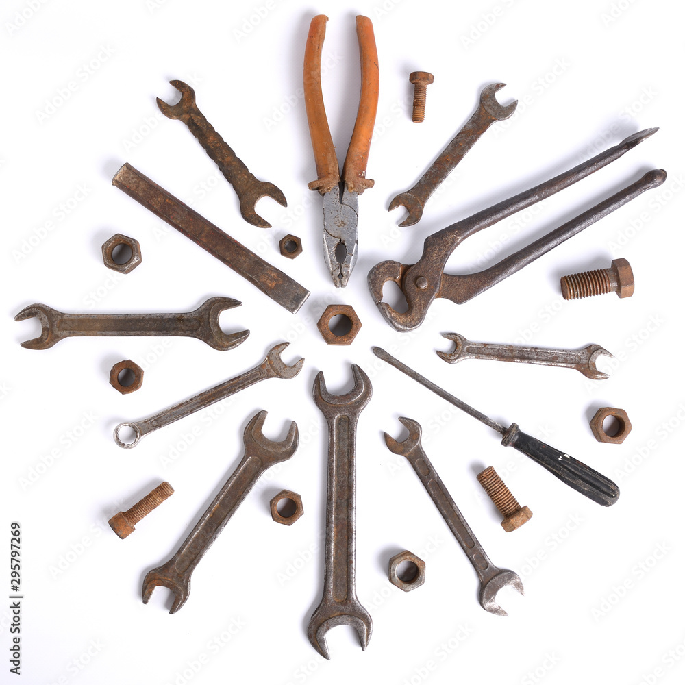 Old rusty stainless steel crescent wrench isolated on white top view Old rusty stainless steel crescent wrench isolated on white top view