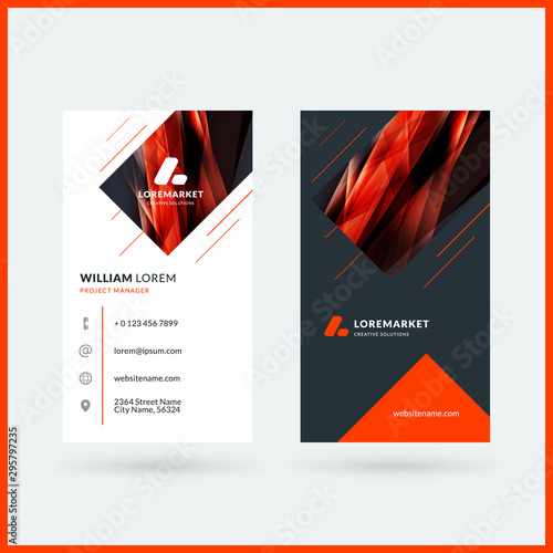 Vertical double-sided black and red modern business card template. Vector illustration. Stationery design