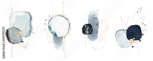 niebieski ilustracji akwarela i złoto, na białym tle. Streszczenie nowoczesny druk. logo
