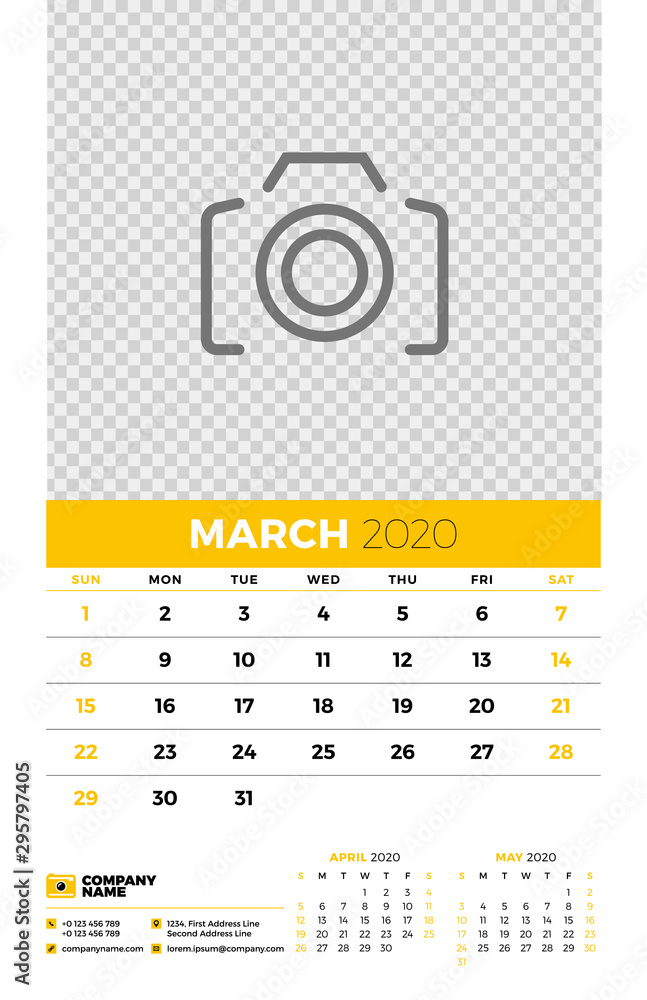 Wall calendar planner template for March 2020. Week starts on Sunday. Typographic design template. Yellow and black color theme. Vector illustration