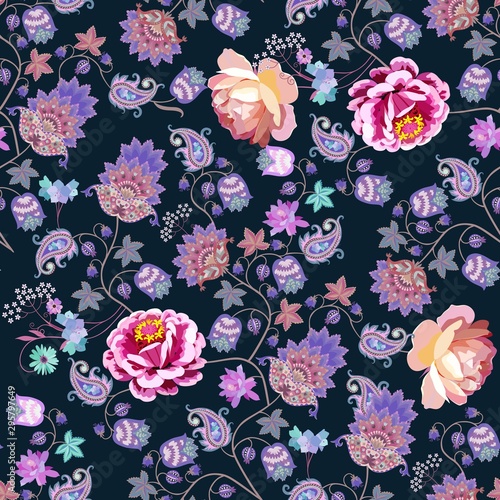 Seamless romantic pattern with garden and fantasy flowers  leaves  little berries and paisley on black background. Print for fabric.
