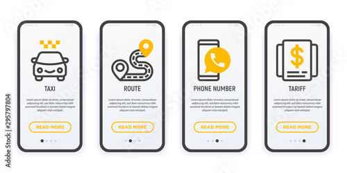 Taxi app user mobile interface. Thin line icons: taxi, route, phone number and tariff. Modern vector illustration.