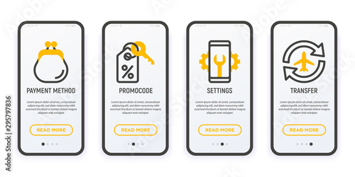 Taxi app user mobile interface. Thin line icons: payment method, promocode, settings, airport transfer. Modern vector illustration.