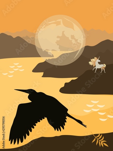 Magical transparent moon, a unicorn with a mane in the form of golden autumn leaves, silhouette of a flying bird on a background of a sunset sky, sea and mountains with fjords. Vertical poster or card