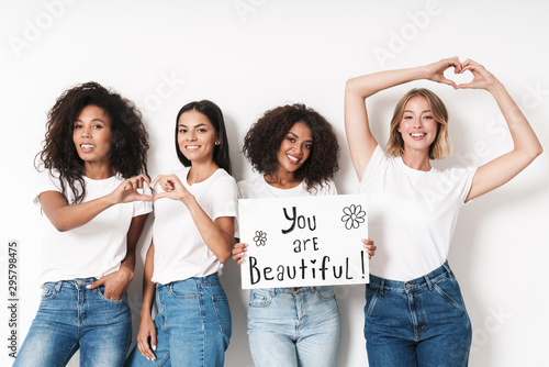 Women multiracial friends holding blank with compliments text.