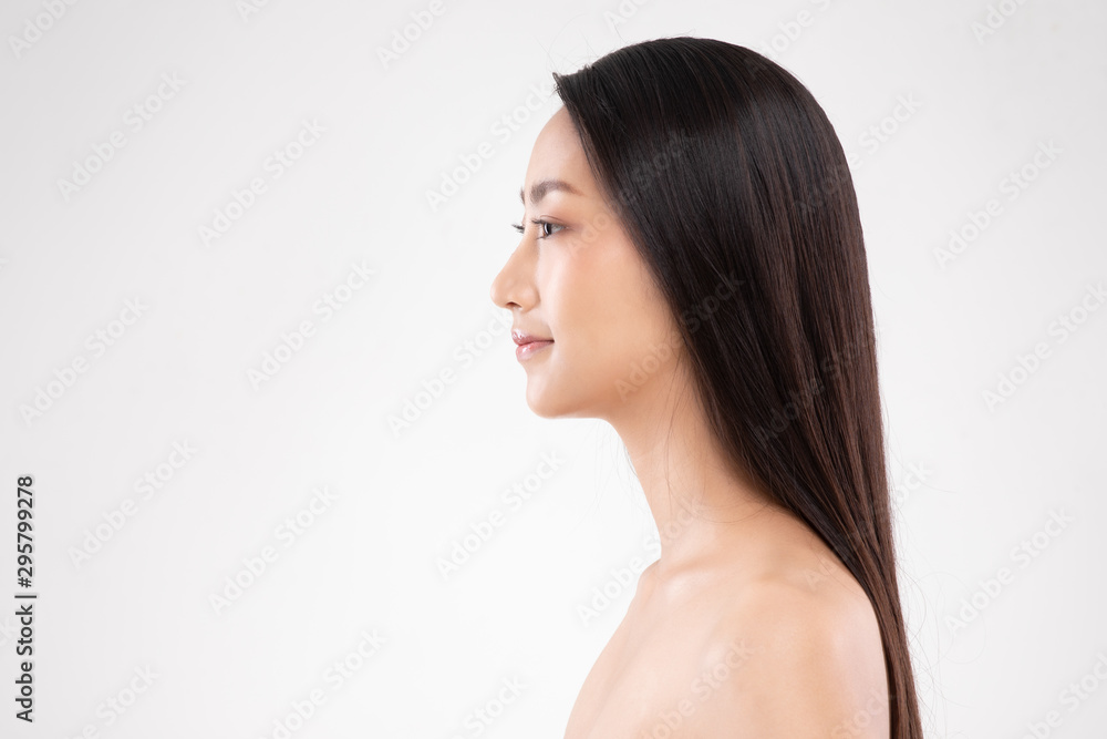 Side view of Beautiful Asian woman smile with clean and fresh skin Happiness and cheerful with positive emotional,isolated on white background,Beauty and Cosmetics Concept Side view of Beautiful Asian woman smile with clean and fresh skin Happiness and cheerful with positive emotional,isolated on white background,Beauty and Cosmetics Concept