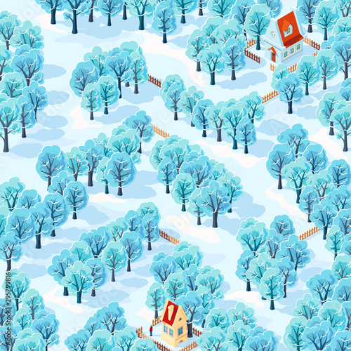 Help the person find the way from his house to the next among the winter trees. Children's game picture riddle maze.