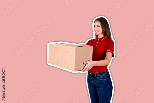 Smiling young female courier is giving a parcel box to a client Magazine collage style with trendy color background © sosiukin
