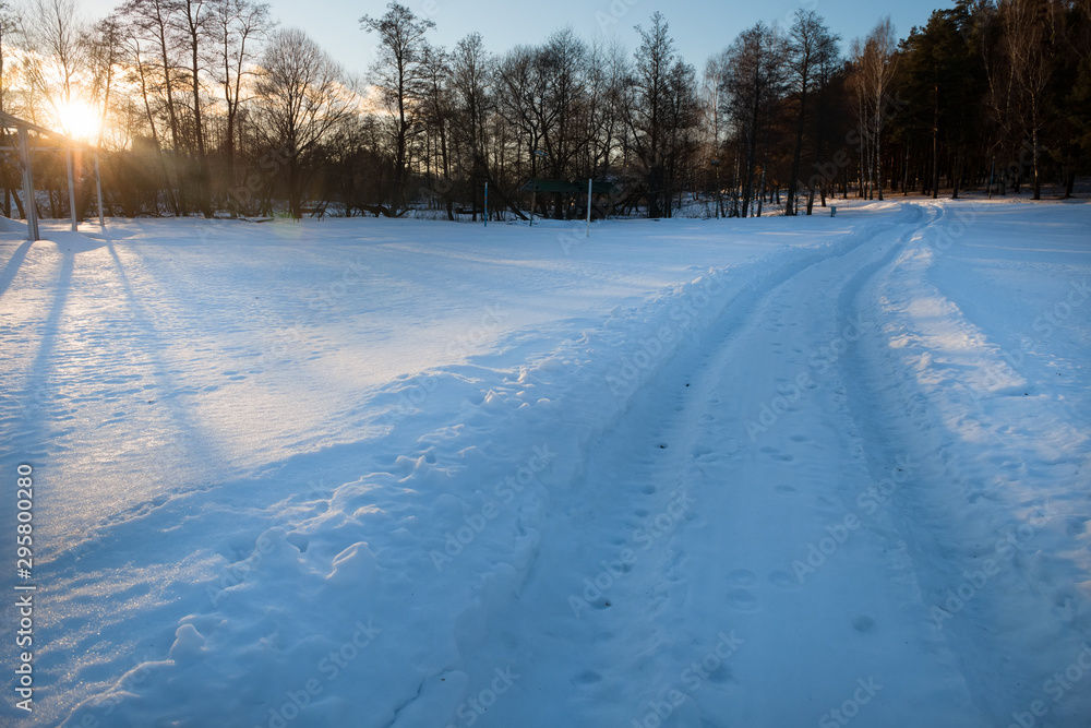 Fototapeta premium Walking road through the park on a winter afternoon at sunset