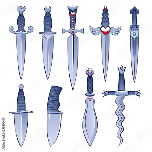 Daggers and knifes set in cartoon style.