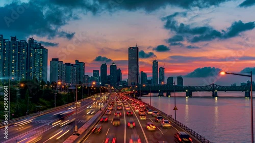 Wallpaper Mural 4K Timelapse Car traveling at 63 building in Seoul city and Han river at night , South Korea. Torontodigital.ca