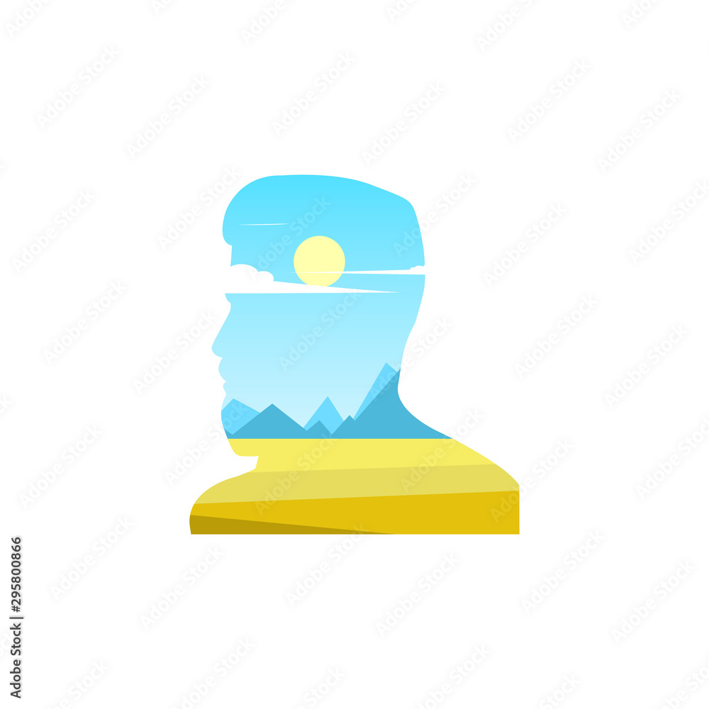 Double exposure. Faces of a bearded man in profile with a hairstyle and landscapes of nature. Vector illustration Double exposure. Faces of a bearded man in profile with a hairstyle and landscapes of nature. Vector illustration
