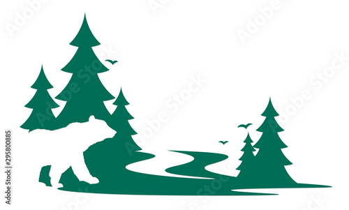 Silhouette of a wild bear with green forest.