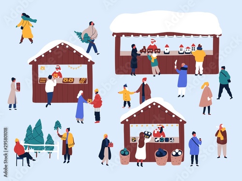 Christmas fair, street market flat vector illustration. Merchants and customers cartoon characters. Vendors selling fir trees, food and presents. Xmas atmosphere, traditional holiday shopping.