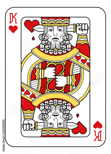 A playing card king of hearts in red, yellow and black from a new modern original complete full deck design. Standard poker size