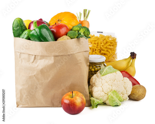 Fototapeta Naklejka Na Ścianę i Meble -  Paper bag with various food - fresh vegetables, fruits and bread