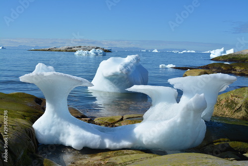 great views over ice fjord in Ilulissat Greenland - beautiful icebergs in the Disko Bay / Baffin Bay - blue sky, ice sea