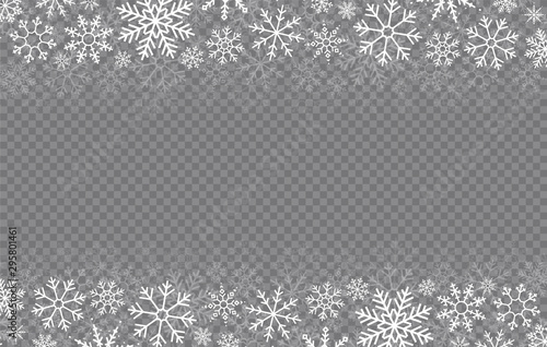 Happy New Year, Christmas and xmas. Falling snow. Snowflakes in different shapes. Winter holidays. Vector snowflake on transparent background.