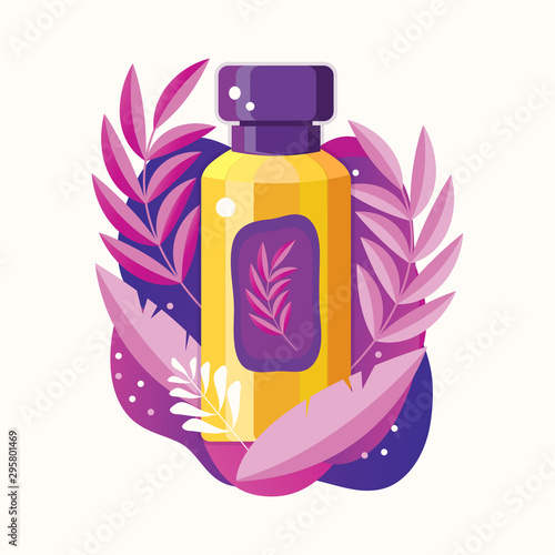 Natural herbal organic cosmetic. Plant cosmetics. Skin care product. Stylized Bottle with tonic, lotion or cleanser for facial care in flat vector. The concept of natural products.