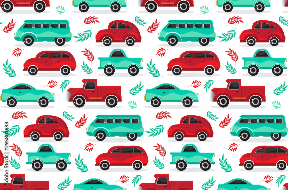 Seamless pattern of green and red cartoon car in flat vector. Transport vehicle. Children s cute background toy car. Fun design for textiles, paper, fabric, packaging, Wallpaper, Seamless pattern of green and red cartoon car in flat vector. Transport vehicle. Children s cute background toy car. Fun design for textiles, paper, fabric, packaging, Wallpaper,